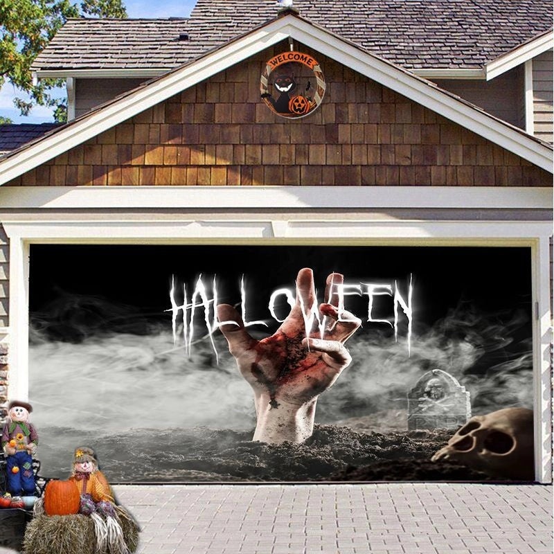 Halloween Pumpkin Hanging Banner Cloth Horror Garage Door Tapestry Decoration|Home Decor