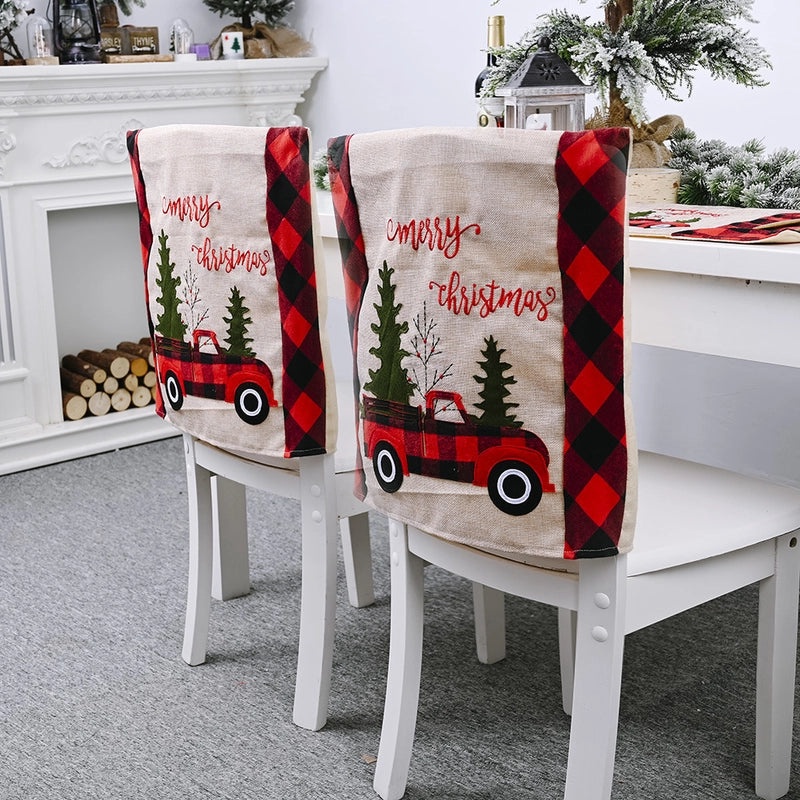 Retro Plaid Christmas Tree Letter Chair Cover for Holiday Party|Home Decor & Party Supplies