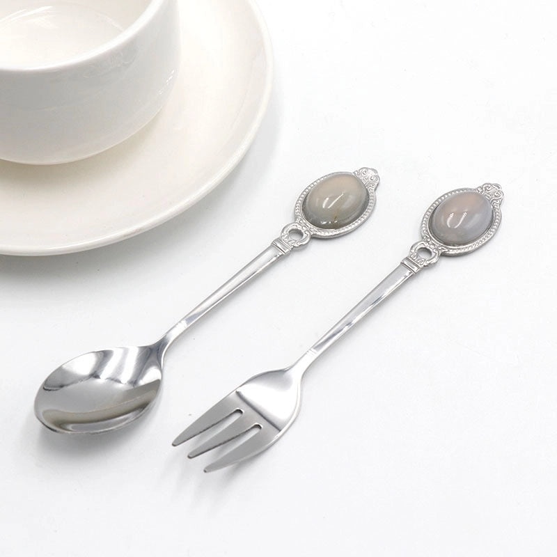 Vintage Solid Color Stainless Steel Spoon with Natural Stone Handle | Kitchen Utensils & Cutlery