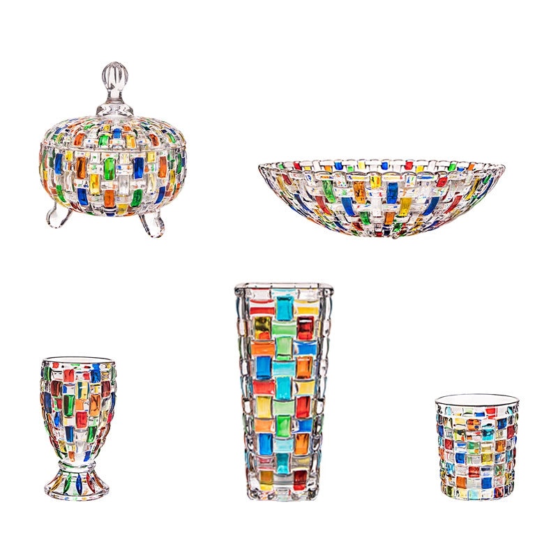 Hand Painted Colorful Vase and Woven Pattern Fruit Plate with Lid, Candy Jar, Painted Glass Juice and Whiskey Wine Glass|Home Decor & Drinkware