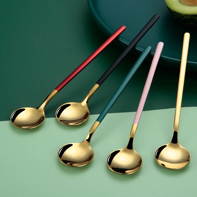 网红小圆勺304不锈钢甜品勺咖啡搅拌勺钛金小勺礼品|餐具厨具