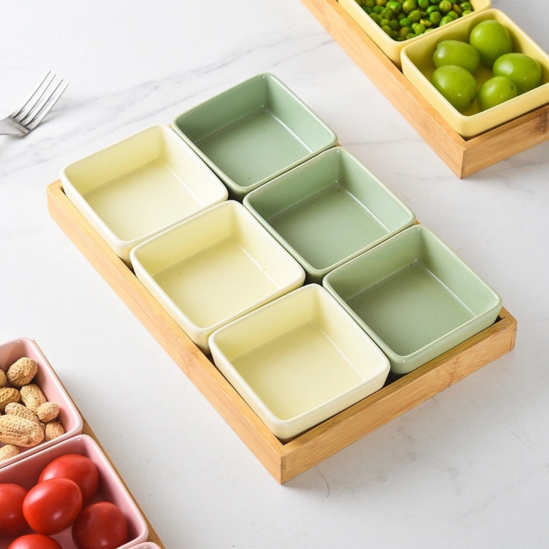 Nordic Ceramic Square Snack Bowl with Bamboo Wooden Tray | Kitchenware & Dining Accessories