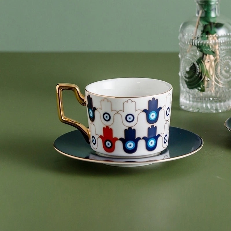Retro Geometric Devil's Eye White Porcelain Mug with Placemat Set | Kitchen & Dining Accessories