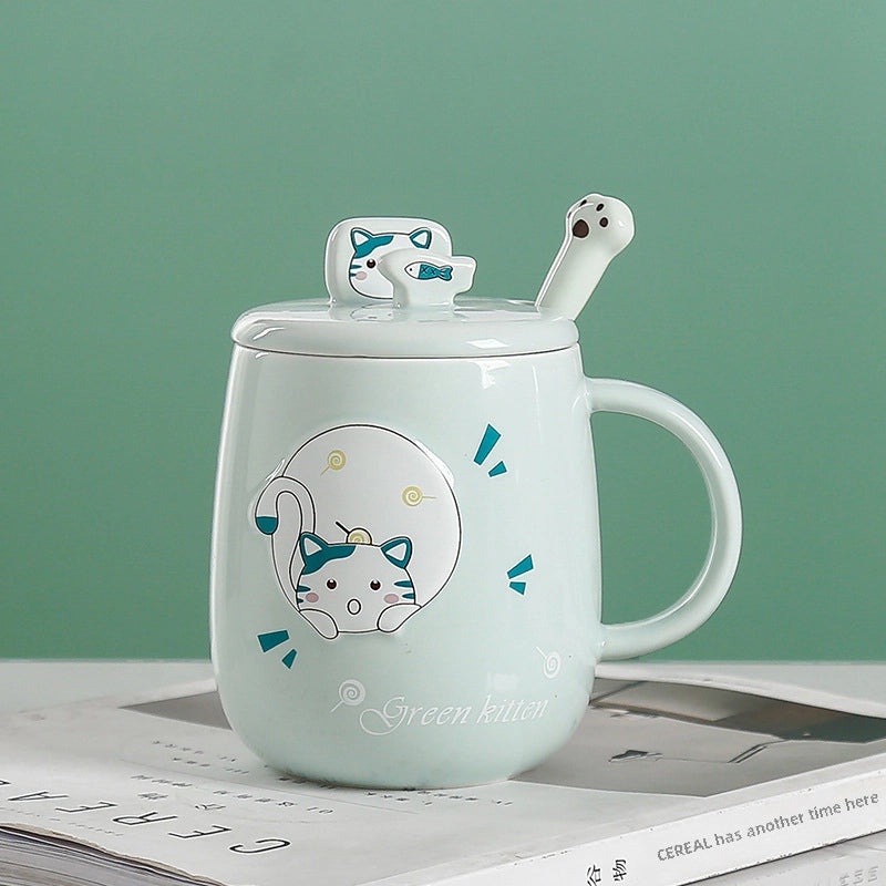 Creative Cat Mug with Lid and Spoon | Trendy Ceramic Coffee Cup for Office and Home | Cartoon Style Insulated Drinkware | Home & Kitchen