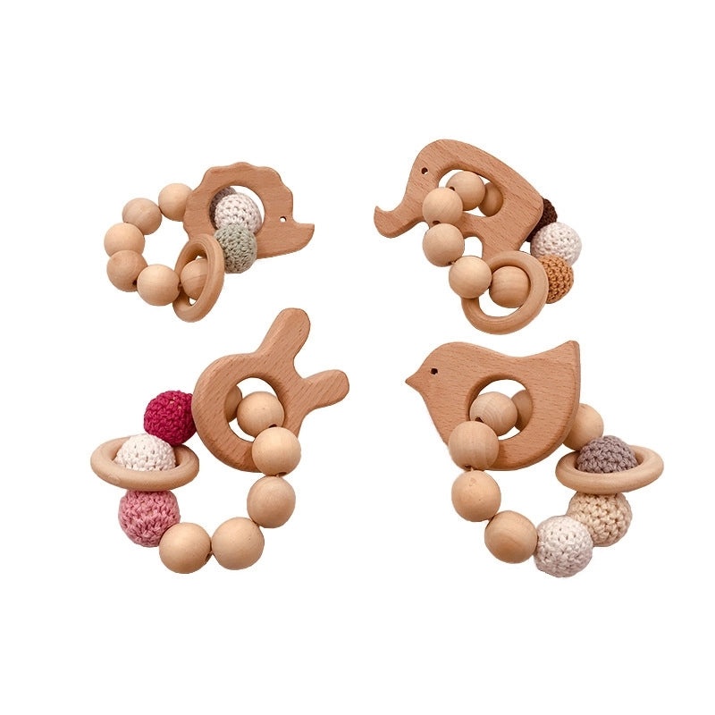 Baby Teething Bracelet with Beech Animal Molar Stick and Bear Toy | Baby Teething Accessories