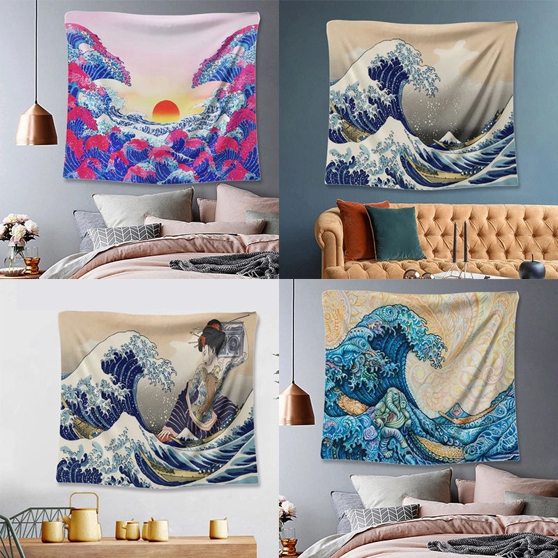 Kanagawa Surf Wave Tapestry with Ukiyo-e Style Background | Home Decor Wall Art