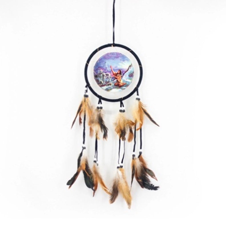 Wolf Head Dreamcatcher Oil Painting Wall Hanging with Natural Feathers | Home Decor & Wall Art