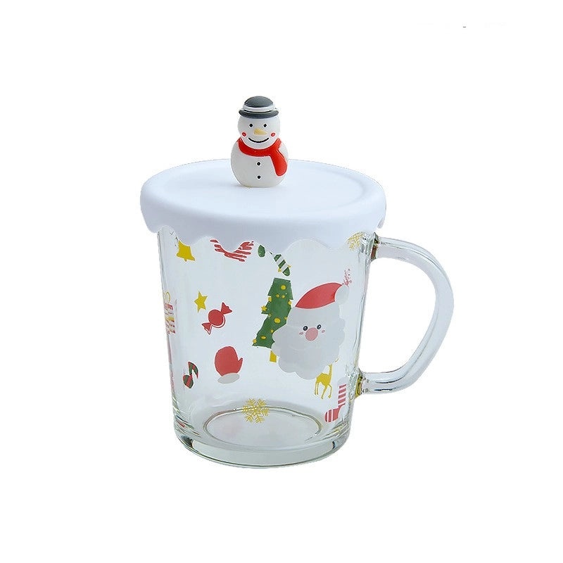 Festive Christmas Glass Mug with Tree Santa Claus and Snowman Design | Holiday Drinkware