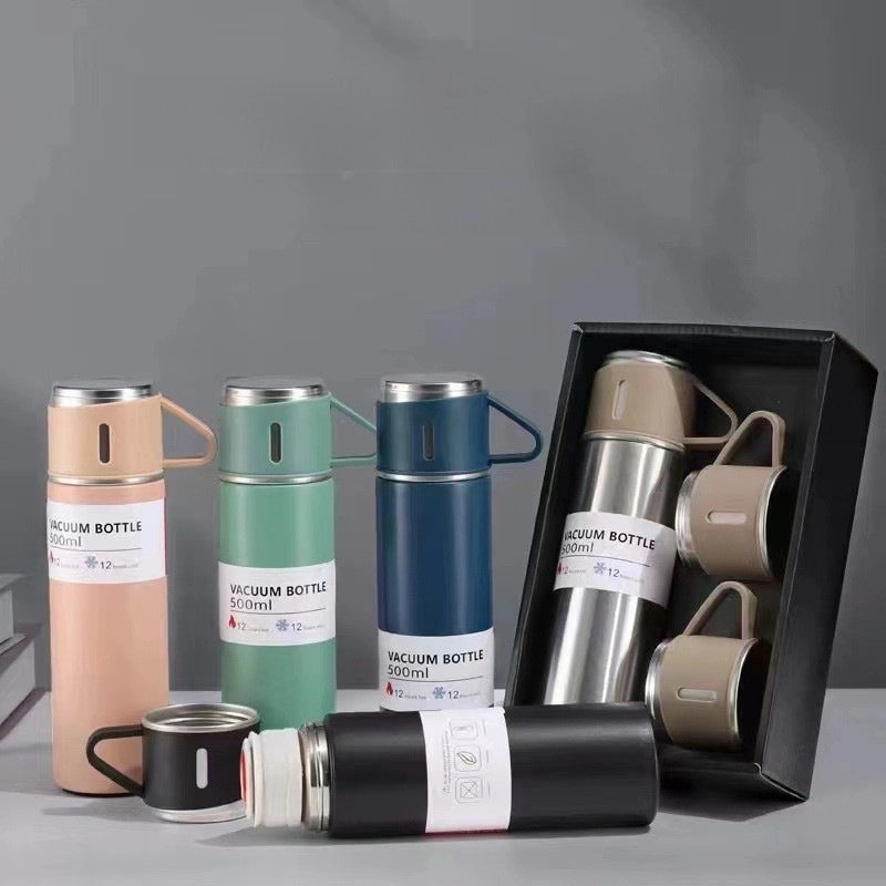 Stainless Steel Thermos Set with Three Lids 500ml for Men Business Tea Gifts with Logo Printing|Drinkware & Tumblers