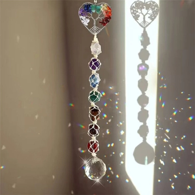 Natural Stone Lucky Tree Car Pendant Crystal Wind Chime Handmade Colorful Gravel Woven Hanging Decor|Car Accessories