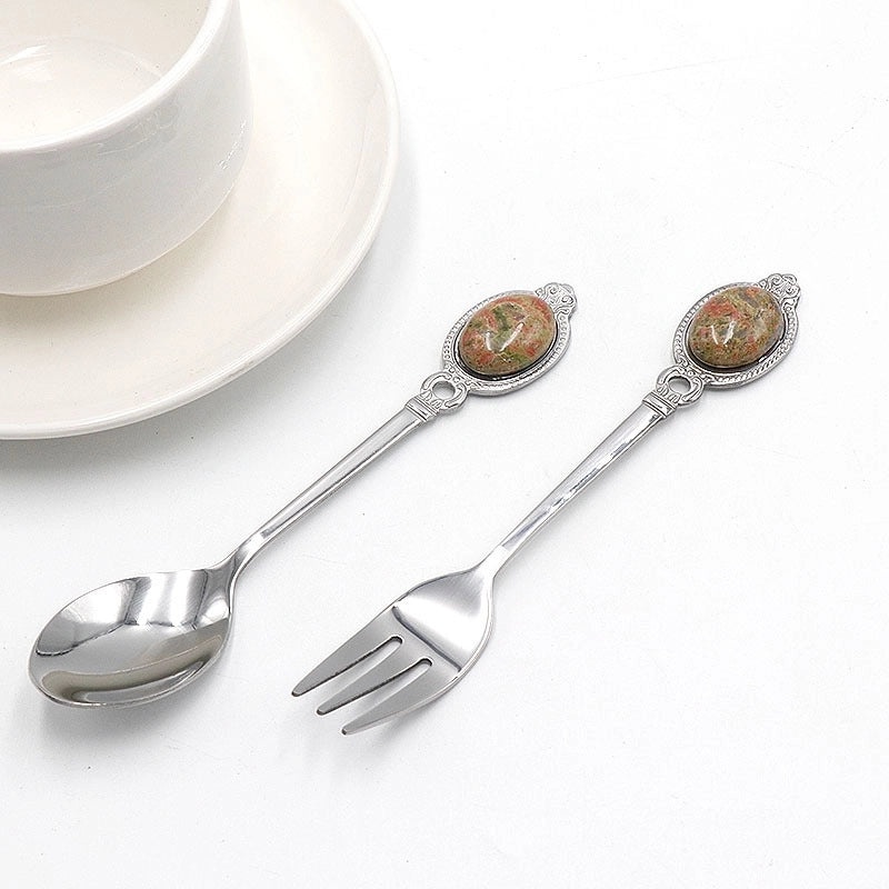 Vintage Solid Color Stainless Steel Spoon with Natural Stone Handle | Kitchen Utensils & Cutlery