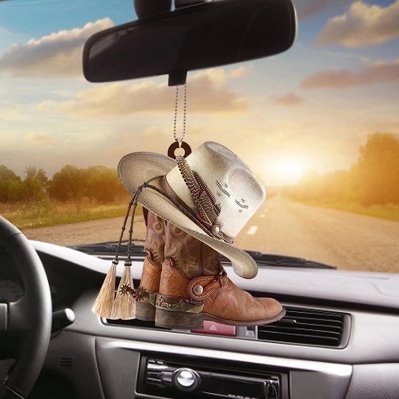 Cowboy Boot Hat Car Ornament Flat Dashboard Decor for Vehicle Interior|Car Interior Decorations