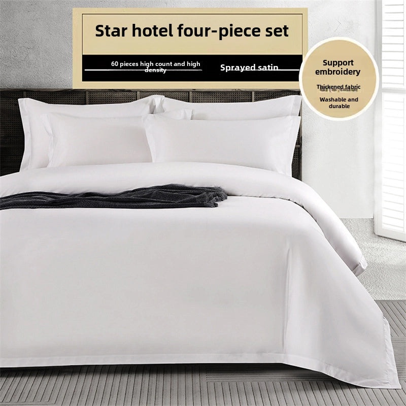 Pure Cotton Hotel Bedding Set Four-piece White Satin Quilt Cover Sheet Pillowcase | Home Textiles