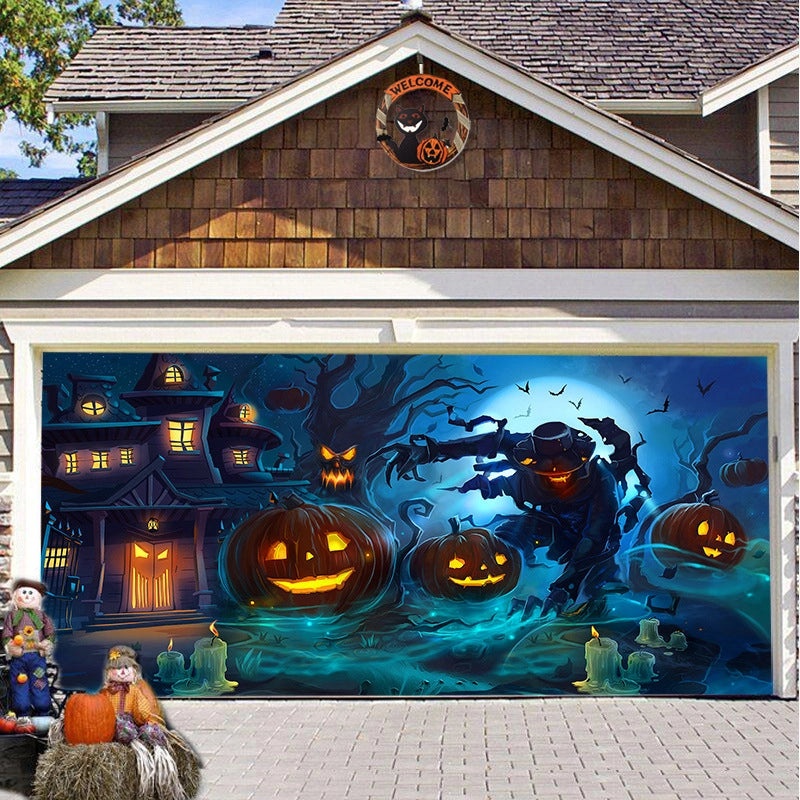 Halloween Pumpkin Hanging Banner Cloth Horror Garage Door Tapestry Decoration|Home Decor