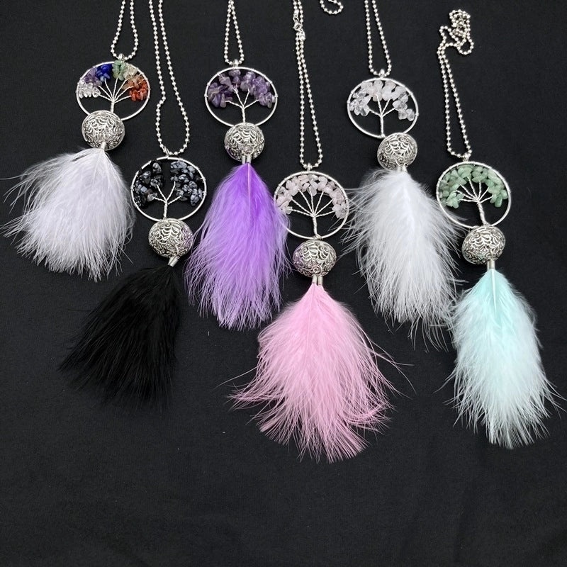 Lucky Pachira Macrocarpa Tree Car Hanging Ornament with Palace Bell and Feather Dreamcatcher|Car Accessories