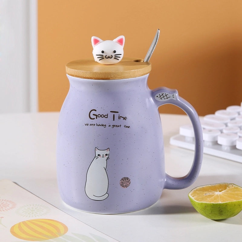 Cute Cartoon Couple Cat Ceramic Mug with Lid and Spoon | Drinkware & Mugs