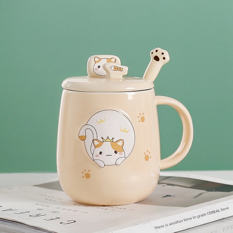 Creative Cat Mug with Lid and Spoon | Trendy Ceramic Coffee Cup for Office and Home | Cartoon Style Insulated Drinkware | Home & Kitchen