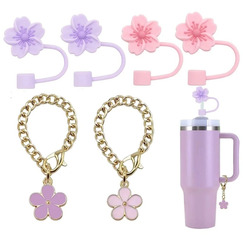 Pastoral Style Floral Metal Straw with Silica Gel Sleeve Decorative Cap Set | Kitchen & Dining Accessories