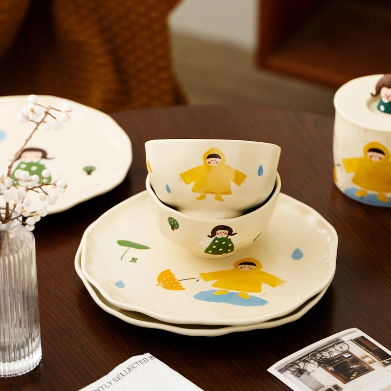 Vintage Ceramic Cartoon Dinner Plate Cute Girls Small Rice Bowl and Mug with Lid|Kitchen & Dining