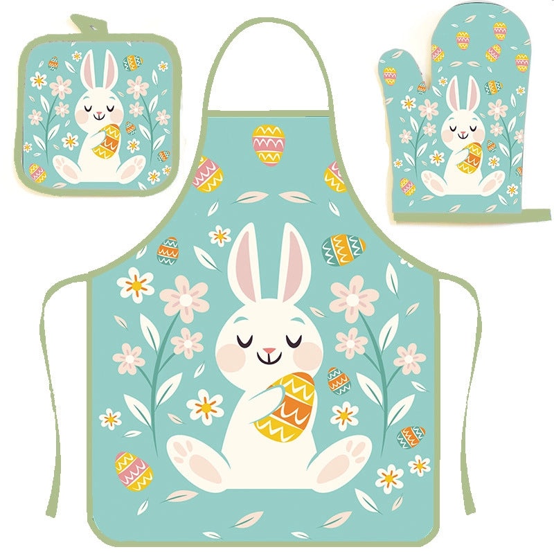Cartoon Style Minimalist Polyester Apron with Heat Resistant Gloves|Kitchen Accessories