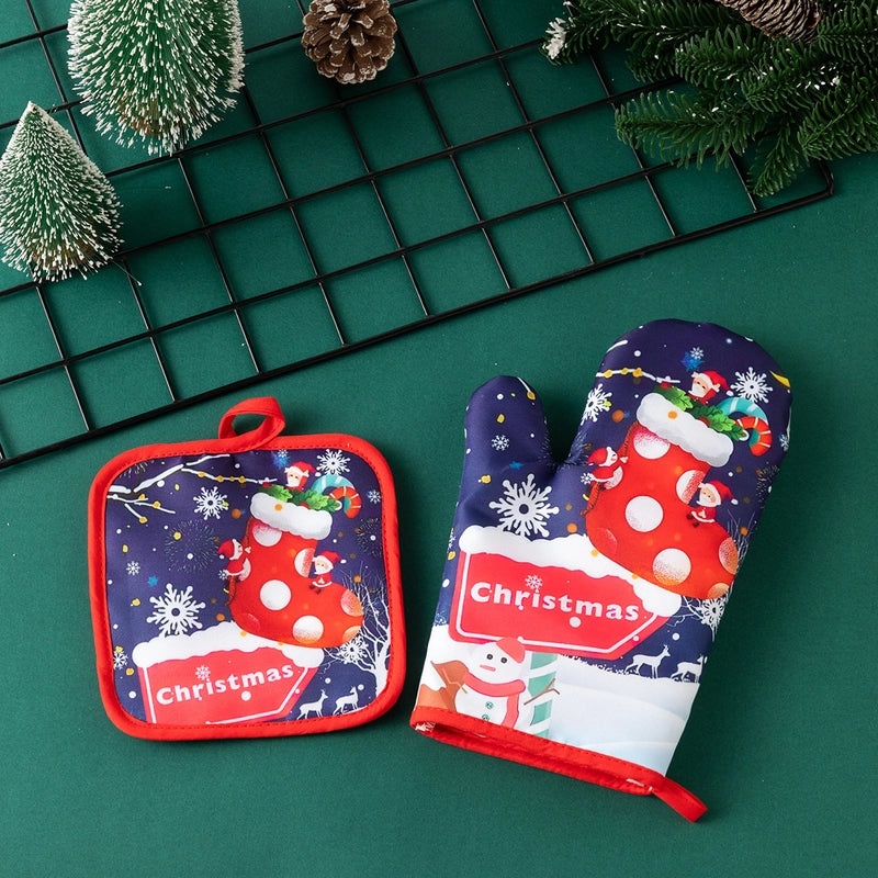 Christmas Heat Resistant Gloves with Santa Claus and Christmas Tree Design|Winter Accessories