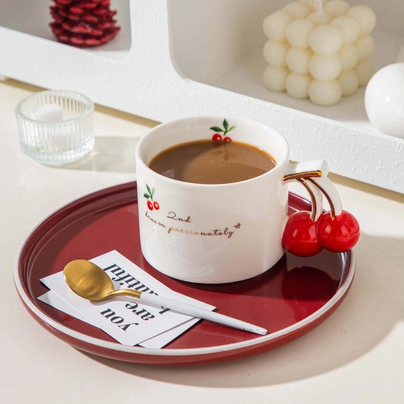 Charming Cherry Design White Porcelain Coffee Mug | Kitchenware & Drinkware
