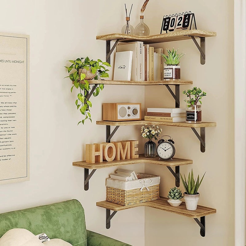 Rustic Wooden Wall-mounted Corner Storage Rack Floating Shelf for Home Organization|Home Storage & Organization
