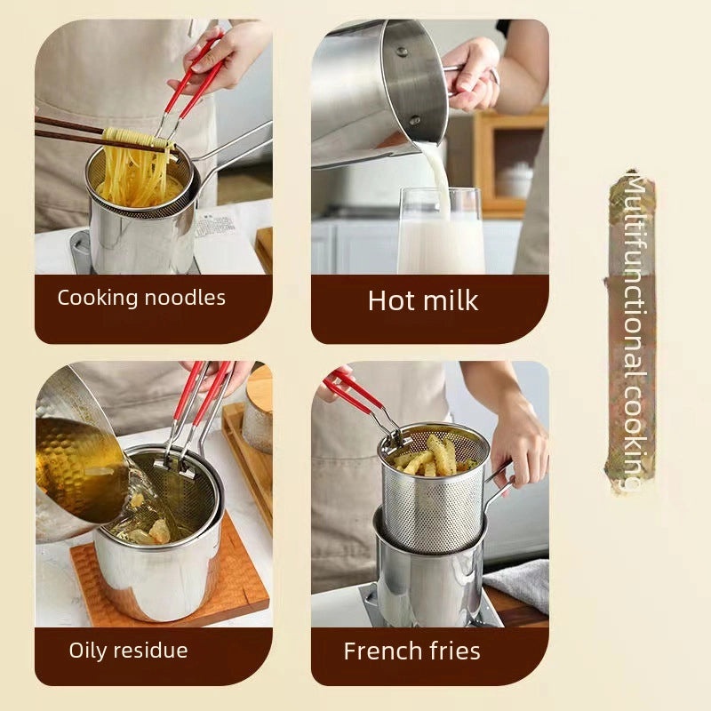 Japanese Style Mini Deep Fryer 304 Stainless Steel Gas Pot with Strainer Oil-saving Tempura Cooker | Kitchen Appliances
