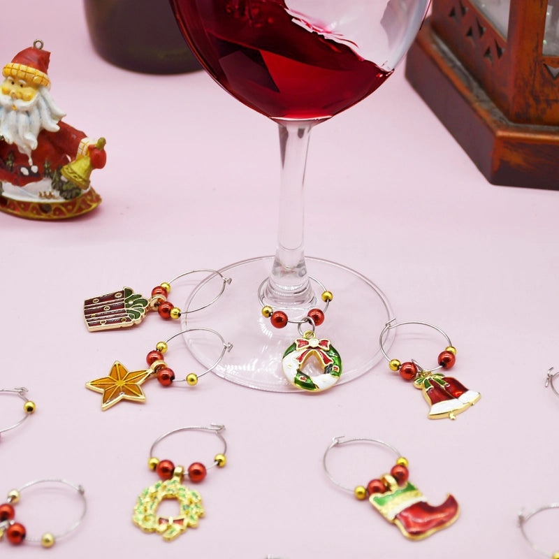 Holiday Iron Wine Glass Charms Classic Bell Tree Wreath Decor