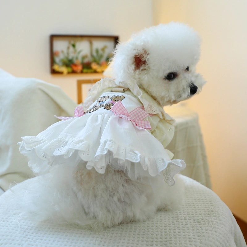 Spring Summer Pet Dress Fluffy Gauze Skirt with Embroidered Bear Cute Princess Style|Pet Clothing