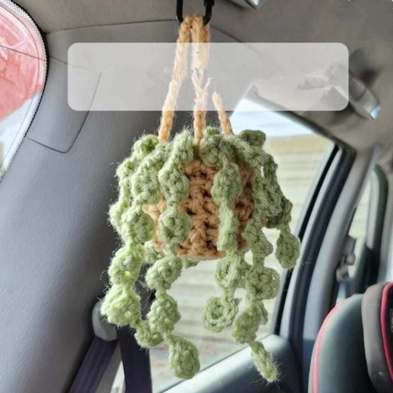 3 Pieces Hand-Crocheted Chlorophytum Yarn Potted Ornaments for Car Rearview Mirror | Car Accessories