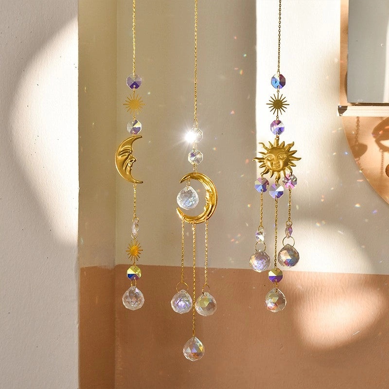 Radiant Sun and Moon Crystal Pendant Wall Hanging|Home Decor