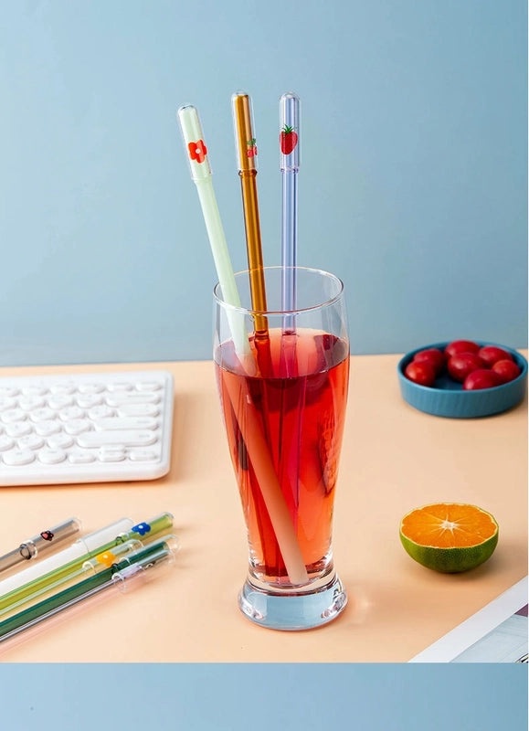 Adorable Animal and Fruit Borosilicate Glass Straw with Decorative Cap | Drinkware Accessories