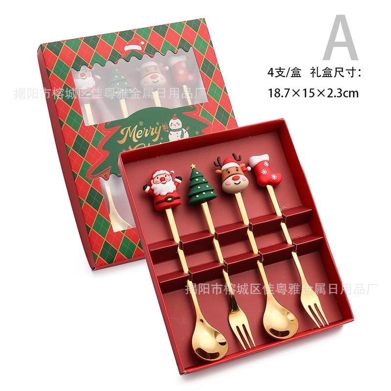 Christmas Santa Claus Stainless Steel Spoon and Fruit Fork Set | Kitchen & Dining Utensils