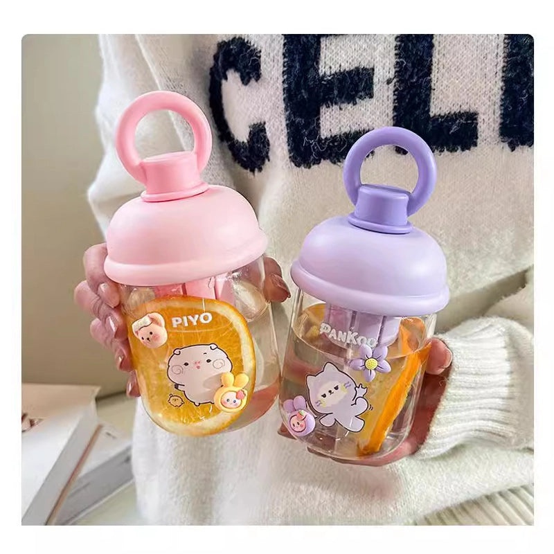 Cute Cartoon Moe Plastic Cup with Straw | Kids' Portable Water Bottle