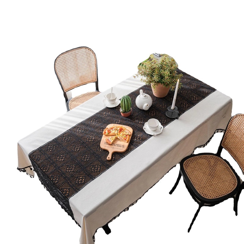 White Plain Tablecloth with Contrast Hollow Stitching Small Fresh Design | Table Linens & Fabrics