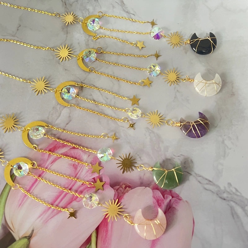 Minimalist Sun and Moon K9 Crystal Brass Suncatcher Wind Chime Decorative Wall Art|Home Decor