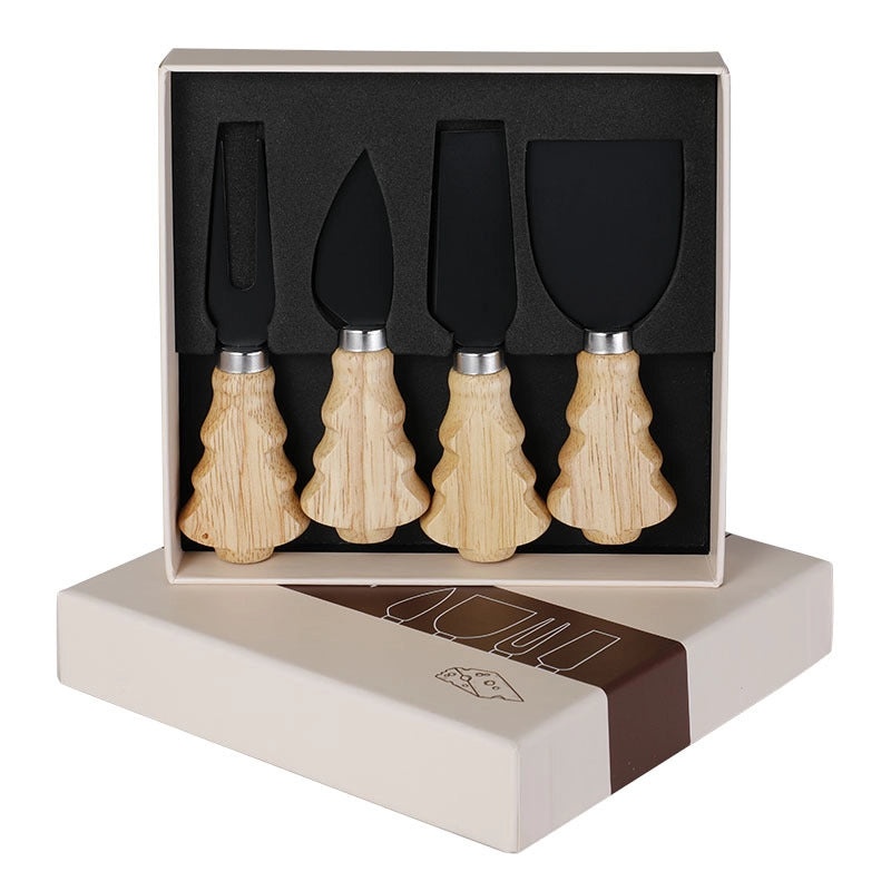 4-Piece Stainless Steel Cheese Knife Set with Rubber Wood Handles Christmas Tree Design|Kitchen & Dining Cutlery Sets