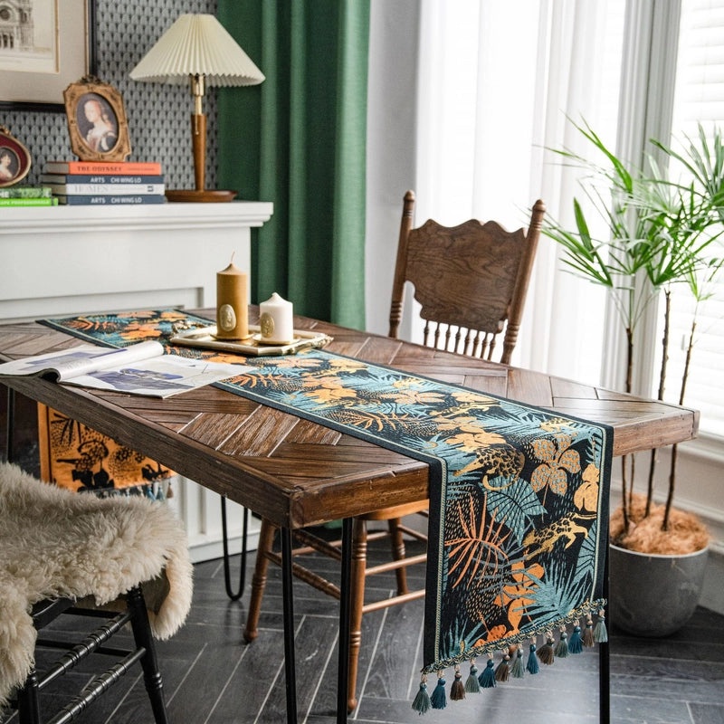 Imaki Rhyme Vintage Orange Jacquard Fabric Table Flag for Dining, Coffee Table, Bed, TV Cabinet | Home Decor & Table Linens