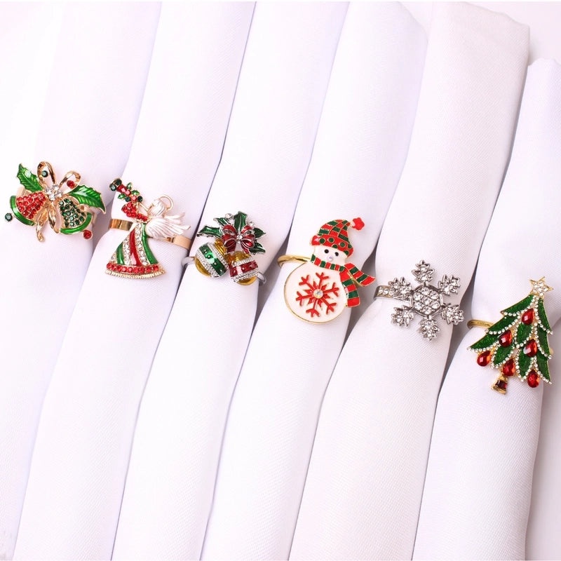 Festive Christmas Tree and Santa Claus Alloy Napkin Rings Set of 6 | Holiday Table Decor