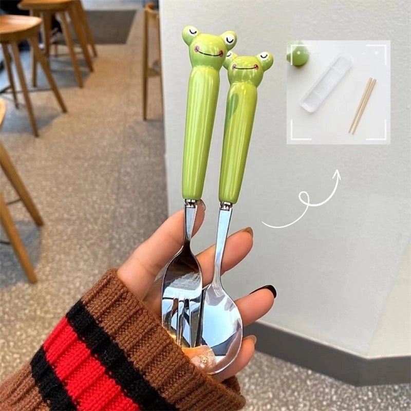 Adorable Cartoon Frog and Crocodile 430 Stainless Steel Ceramic Tableware Set | Kitchen & Dining