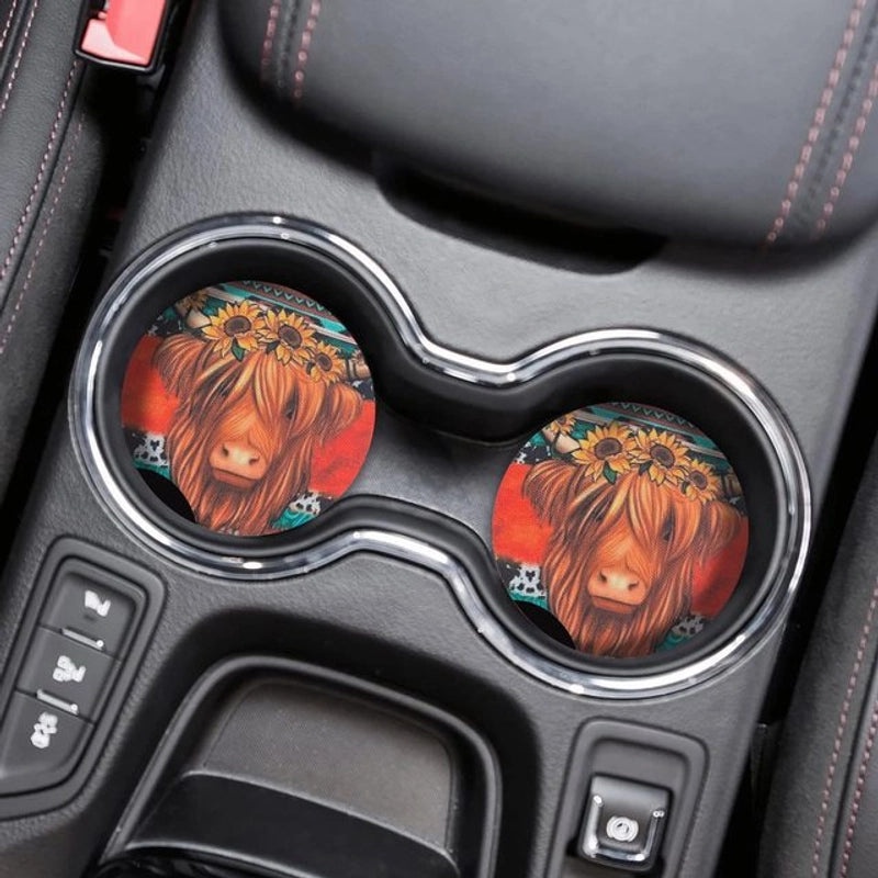 Farm Style Wooden Car Coaster with Highland Animal Design Anti-slip | Home Decor Coasters