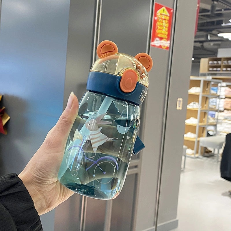 Cartoon Bunny Straw Cup with Rope for Kids Toddlers Students Drop-resistant Plastic Drinking Bottle|Kids Drinkware