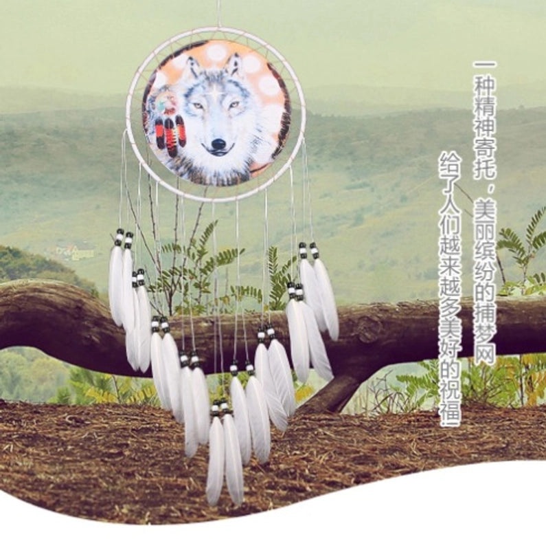 Wolf Head Dreamcatcher Oil Painting Wall Hanging with Natural Feathers | Home Decor & Wall Art