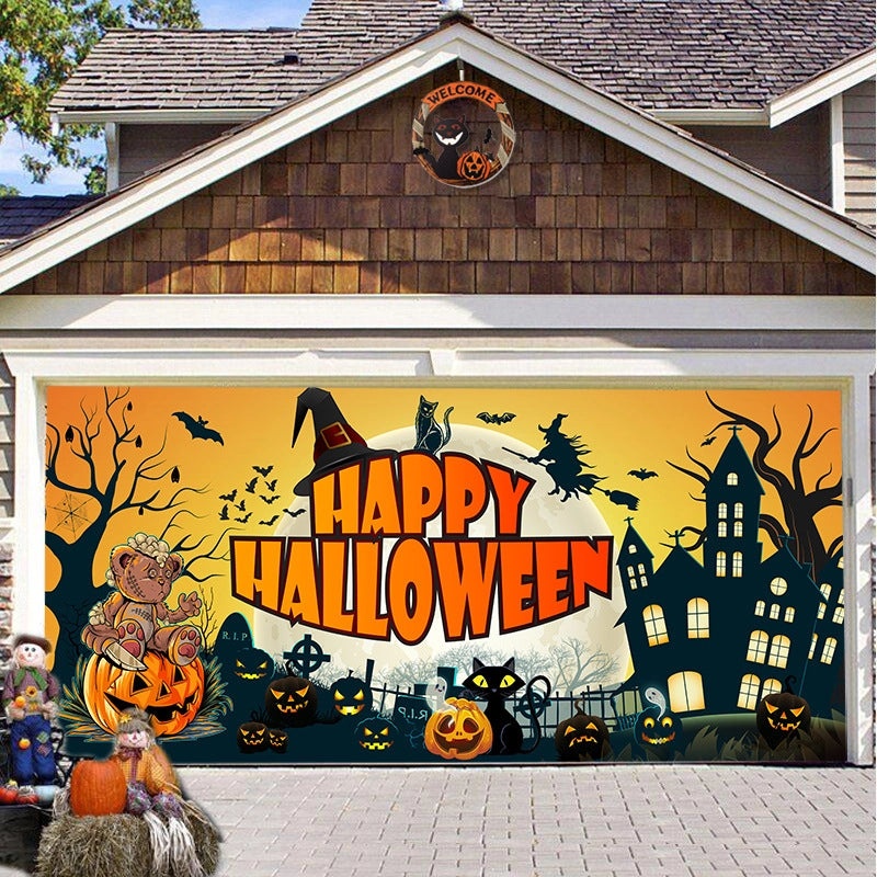 Halloween Pumpkin Hanging Banner Cloth Horror Garage Door Tapestry Decoration|Home Decor