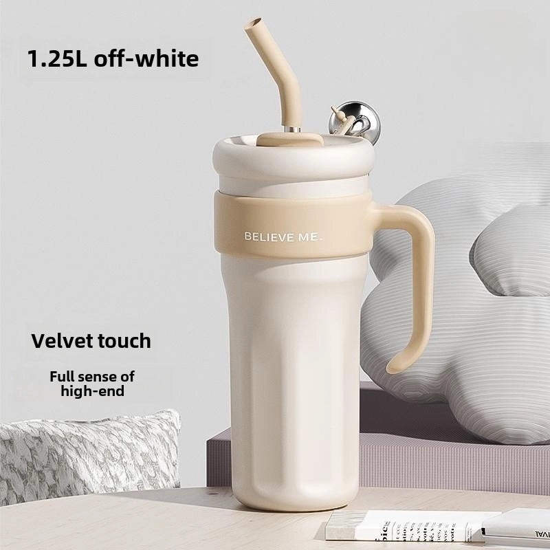 Trendy Large 1250ml Vacuum Straw Bottle for Women | Fashionable Stainless Steel Cold Drink Container | Drinkware