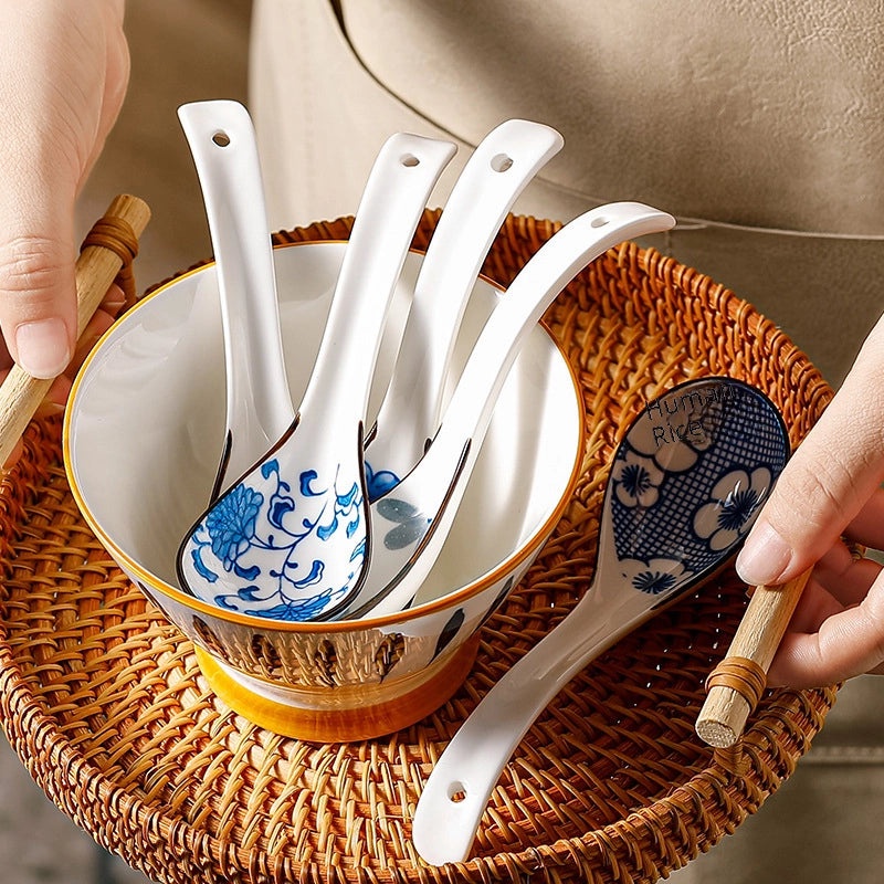 Unisex Ceramic Soup Spoon Kitchen Dining Utensil Blue White Cartoon Pattern