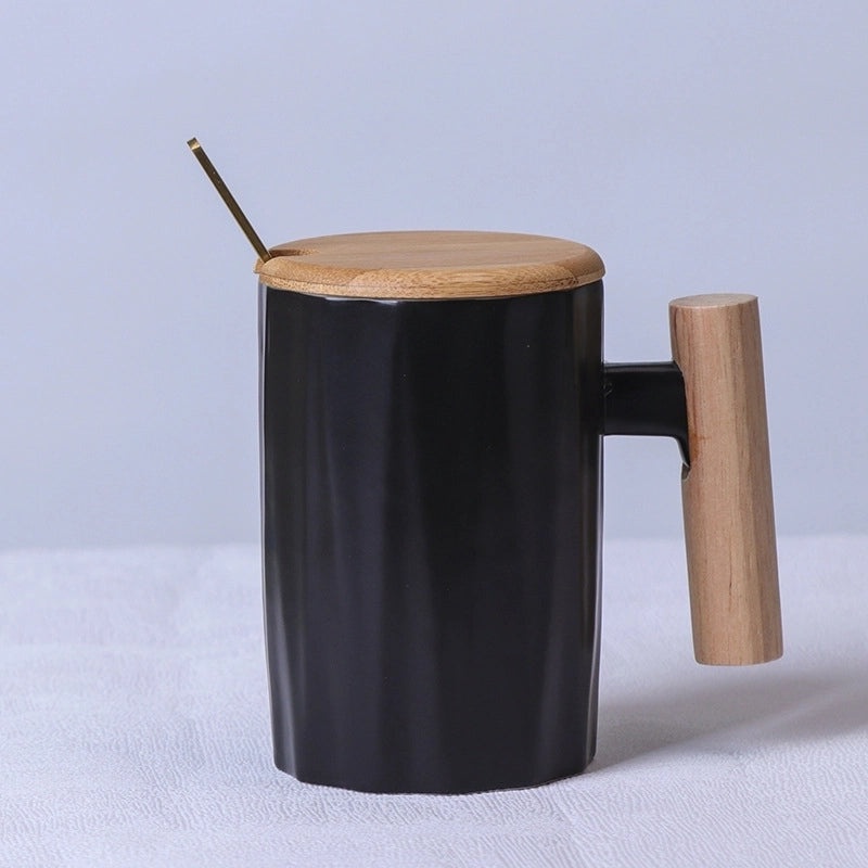 Matte Ceramic Mug with Solid Color and Wooden Handle | Home & Kitchen Drinkware