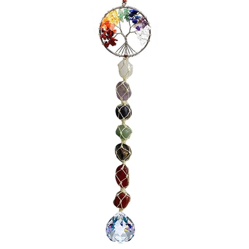 Natural Stone Lucky Tree Car Pendant Crystal Wind Chime Handmade Colorful Gravel Woven Hanging Decor|Car Accessories