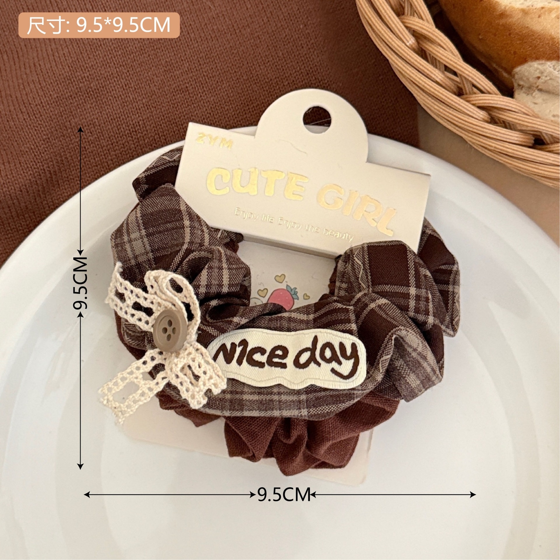 Girls Sweet Cloth Scrunchie Long Ribbon Bow Red Cherry Pattern